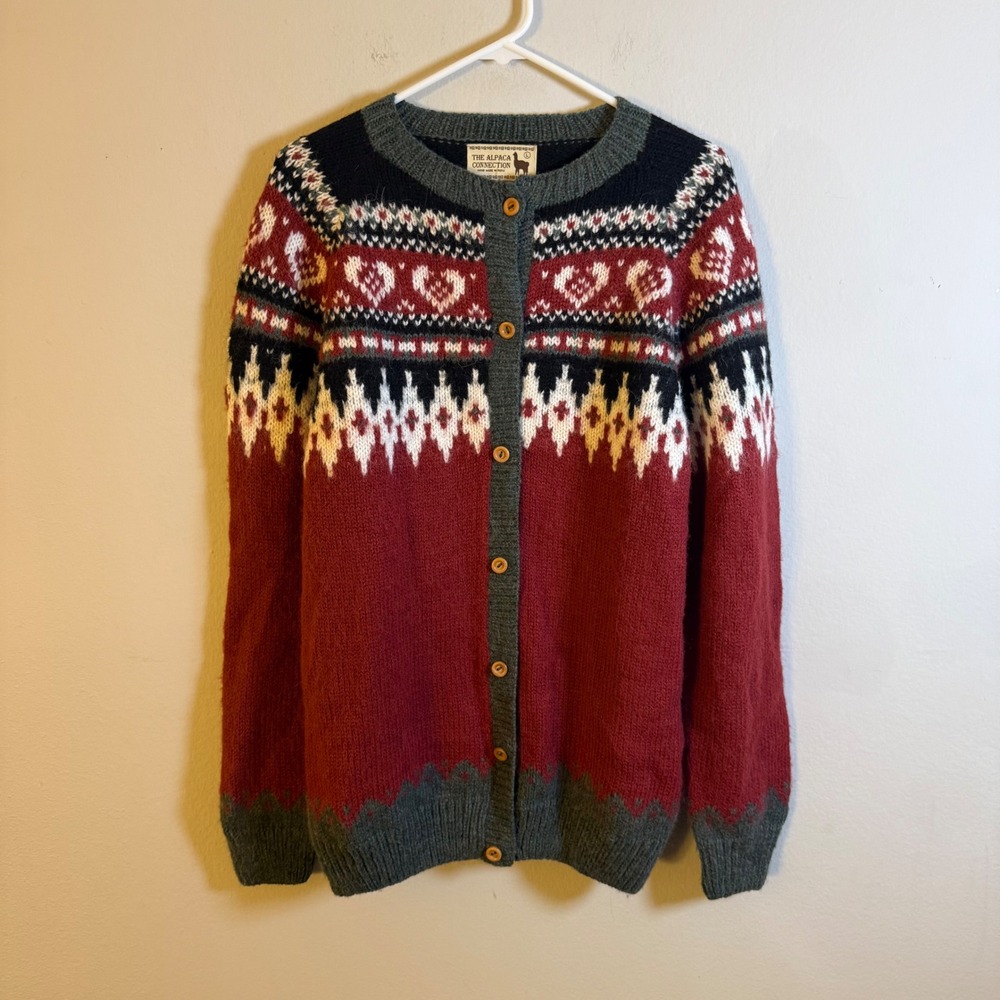 The Alpaca Connection Mens Large Alpaca Wool Fair Isle Heart Cardigan Peru‎ Red